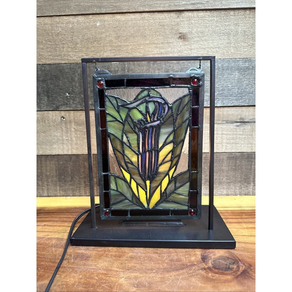 Tiffany Style Hanging Stained Glass Flower Panel Light 11” Tall